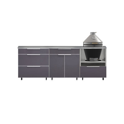 Ensemble de cuisine extérieure en aluminium gris ardoise, 5 pièces, avec roulettes, 3 tiroirs, bar, meuble Kamado, Kamado et comptoir en acier inoxydable de 162 cm.