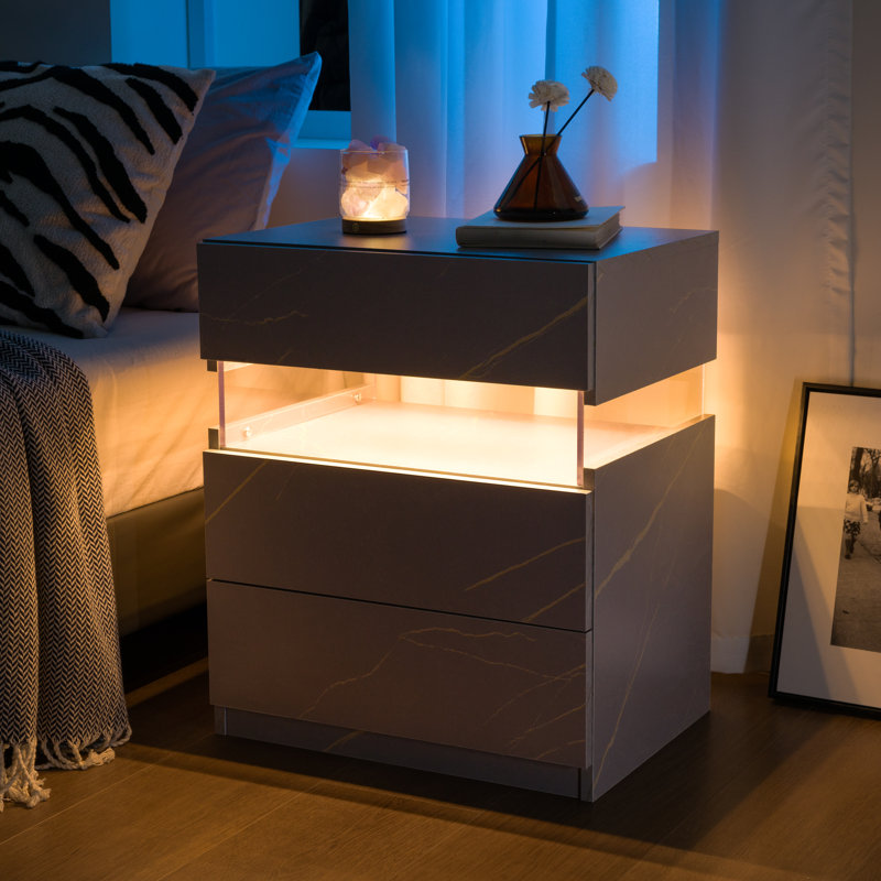 Nightstands 3 Drawer Dresser for Bedroom End Table with Acrylic Board LED Bedside Tables, Gray Marble