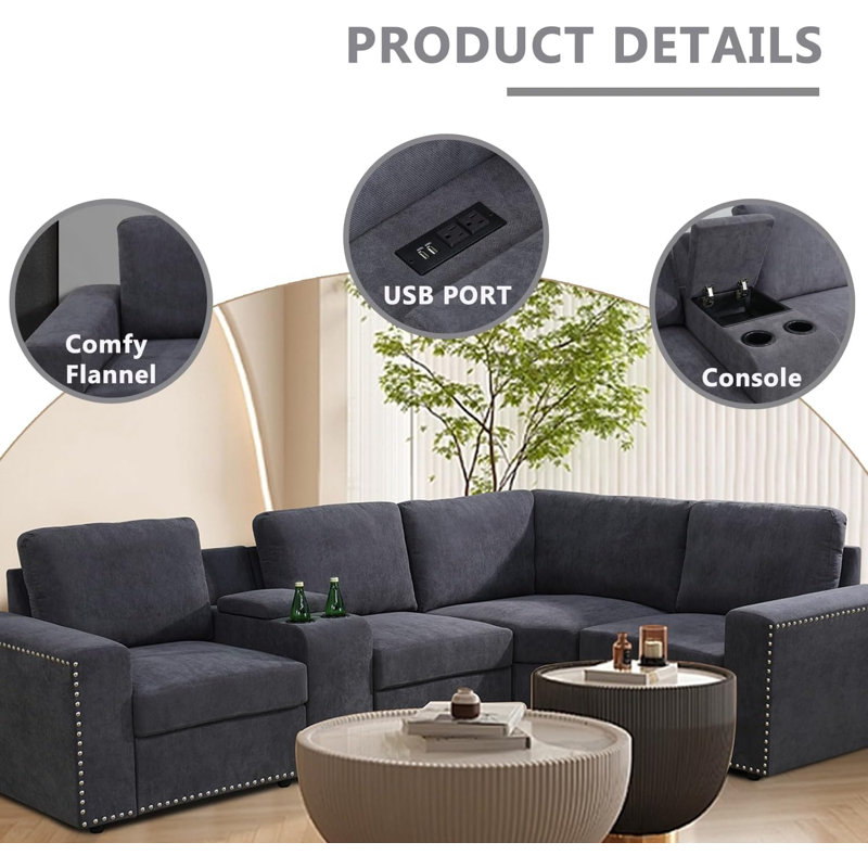 108" 5-Piece Flannel Configurable Living Room Modular Corner Sectional, Gray
