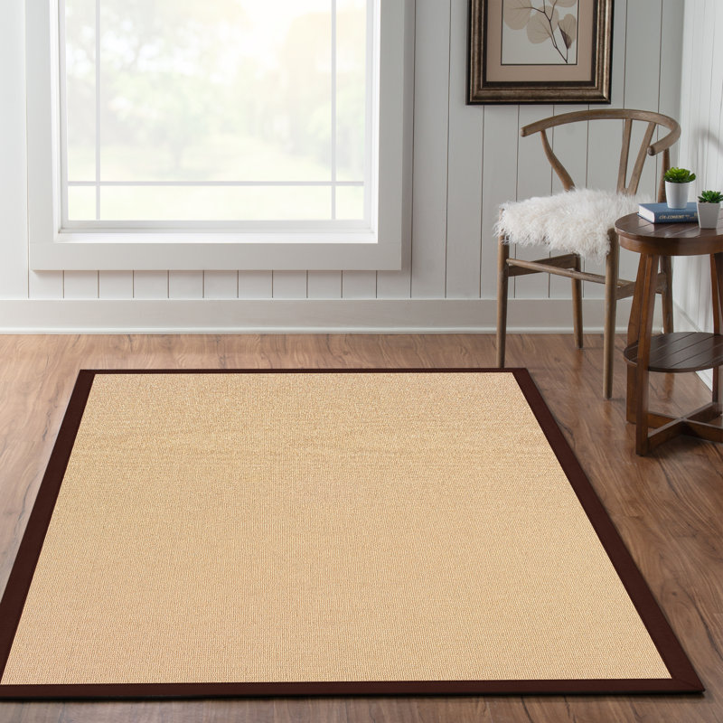 Tapis berbère beige clair fait à la main avec bordure en coton brun fabriqué à la main Nannette, Rectangle de 5 pi x 8 pi