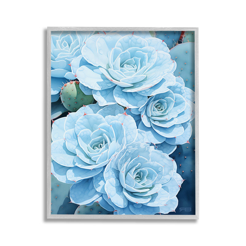 Bd-212_FG \"détaillée Blue Succulents Cadre photo unique\" par RB sur toile, Estampe numérique Farmhouse, H 14 po x l 11 po