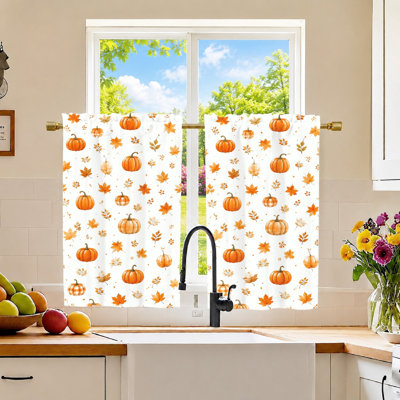 2Pcs Autumn Harvest Pumpkin Leaf Print Curtains, Light Filtering Fabric, Cozy and Festive Fall Theme, Decorative Window Drapes for Living Room, Bedroom, Kitchen, Home Decor