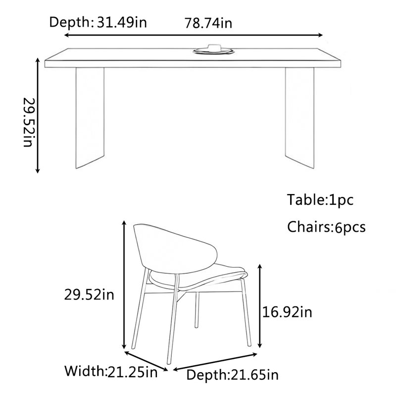 Combinaison de table et de chaises haut de gamme., H 29,52 po x L 78,74 po x l 31,49 po, 7