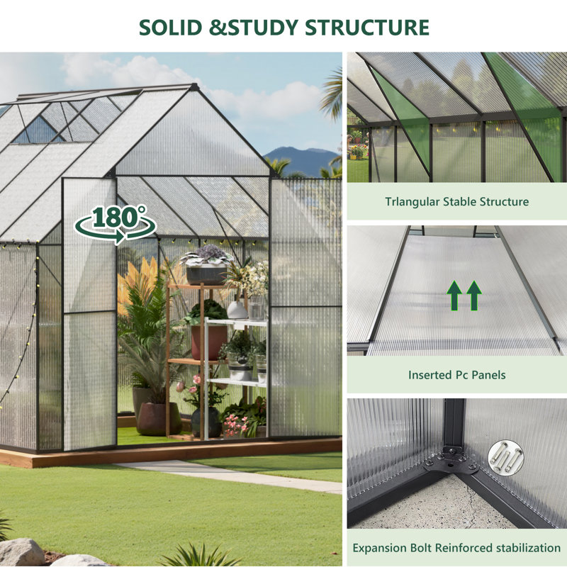 8x8 FT Walk-In Polycarbonate Greenhouse With Ventilated Roof, 92.52" H x 94.49" W x 94.49" D