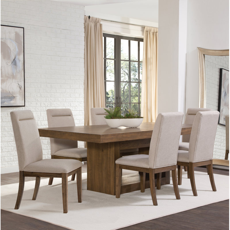 Ensemble de salle à manger à tréteaux extensible Jaquelyn, 7 pièces : table, 6 chaises, Caramel / beige