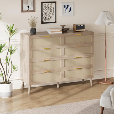 Commode 8 tiroirs, commode en rotin naturel pour la chambre à coucher avec 5 pieds robustes pour le salon, l'entrée, le couloir