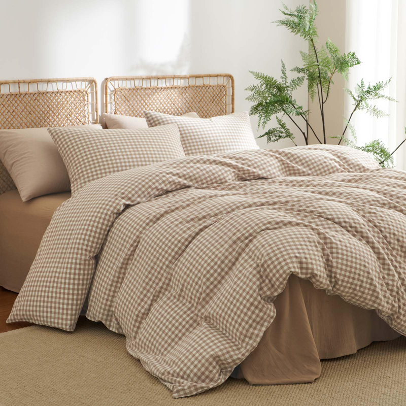 Ensemble de housse de couette 100% coton lavé à carreaux 3 pièces Nayoroom Gingham, Brun
