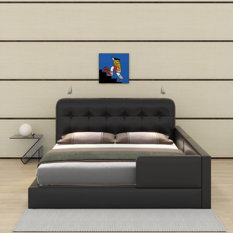 Grand lit plateforme tapissier avec 2 lampes de lecture, Noir