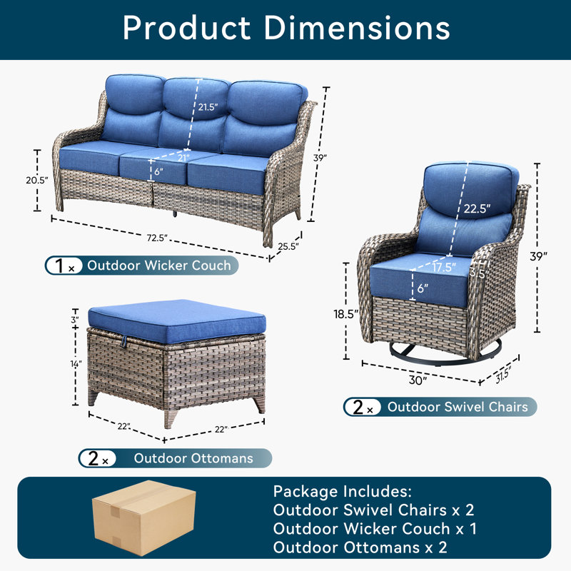 Wicker Patio Furniture Set - 5 Piece Rattan Outdoor Sectional Conversation Sets With 2 Rocking Swivel Chairs,2 Ottomans And 1 Sofa For Porch Deck Garden