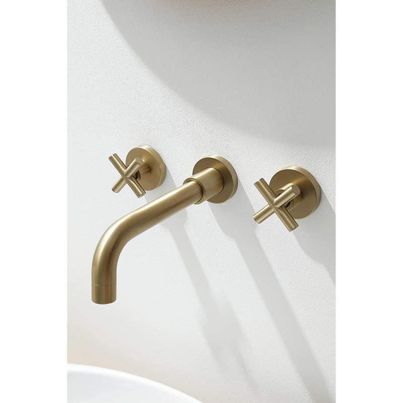 Solid Brass Wall Mount Basin Faucet - Brushed Gold, Finish, 2 Handles Bathroom Gold Brass, Long-Lasting, Brushed Gold