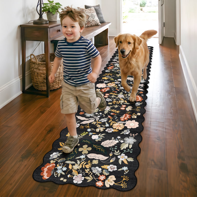 Hallway Rug Washable: Extra Long Floral Scalloped Carpet Non Slip Boho Rug for Indoor Entryway Stain Resistant Rug for Living Room