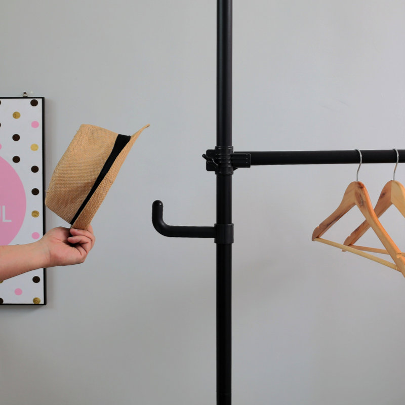 Telescopic Garment Rack, Heavy Duty Design Movable DIY By Hand No Damage To Wall Ceiling Hanging Rail, 31-47In Wide Adjustable, 120 Kilogram Loading, Reach Hook Included