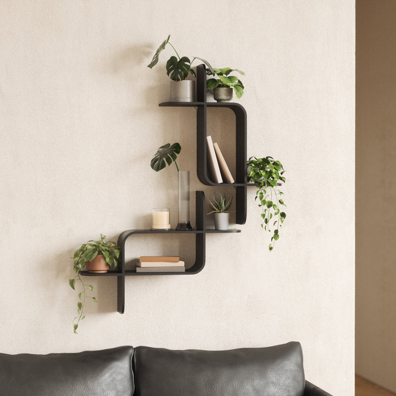 Black Rubberwood Modern Floating Wall Shelf Set