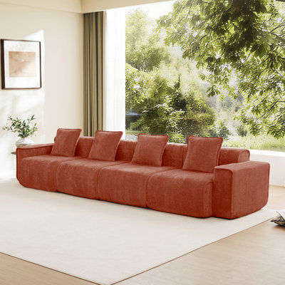 Streamlined Design Deep Seat Modular 4 Seat Boneless Sofa With French Edge Piping,No Assembly Required, Modern Modular 4 - Seat Sofa Couch With Throw Pillows,Velvet Fabric Red