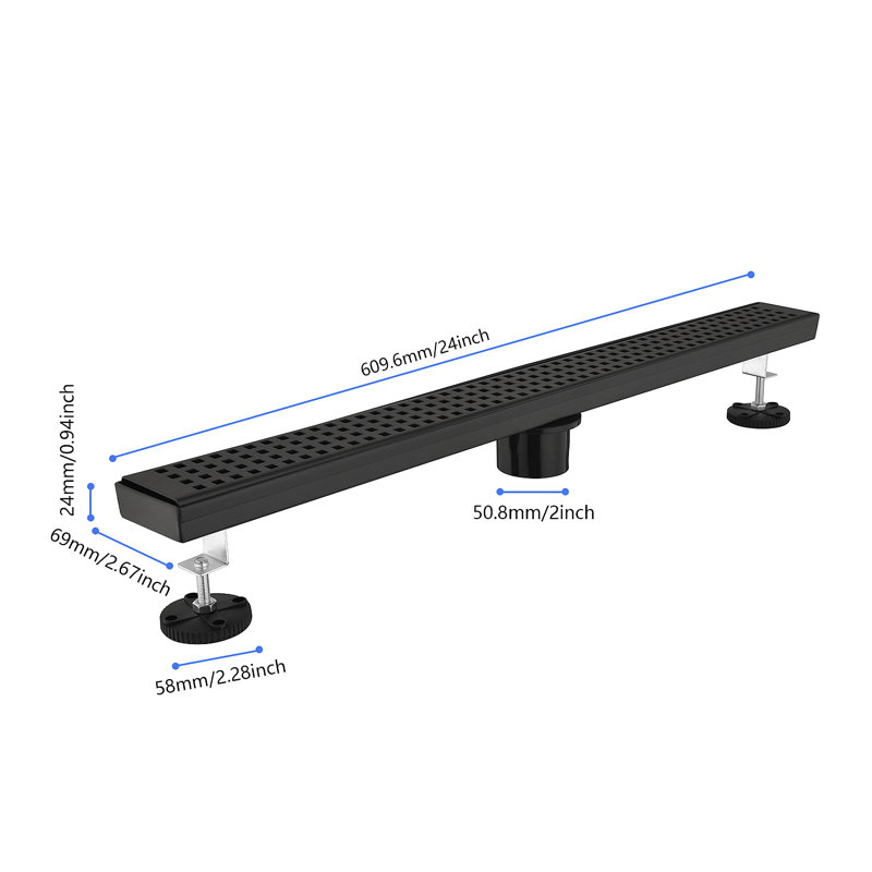 Linear Shower Drain With Removable Quadrato Pattern Grate, 304 Stainless Shower Drain Included Hair Strainer And Leveling Feet