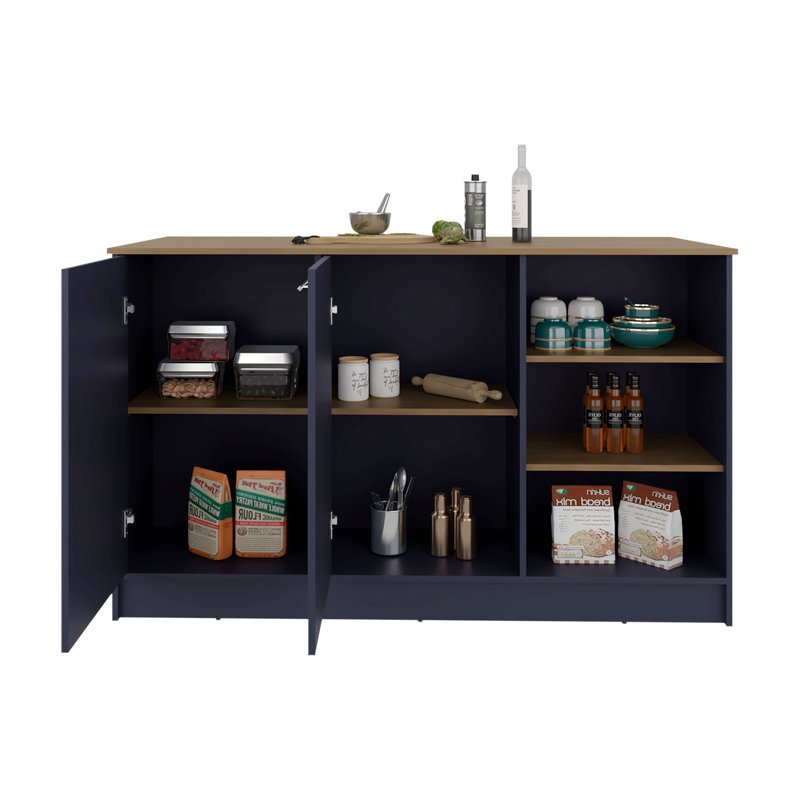 Blue And Natural Oak Kitchen Island With Storage Cabinet And Open Shelves