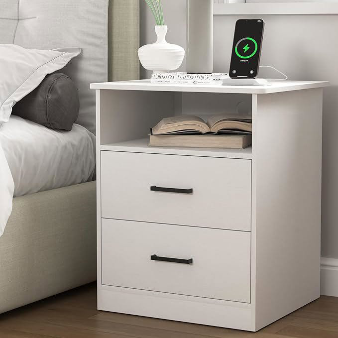 Table de chevet blanche en bois avec station de chargement ports USB-C 2 tiroirs de rangement ouverts