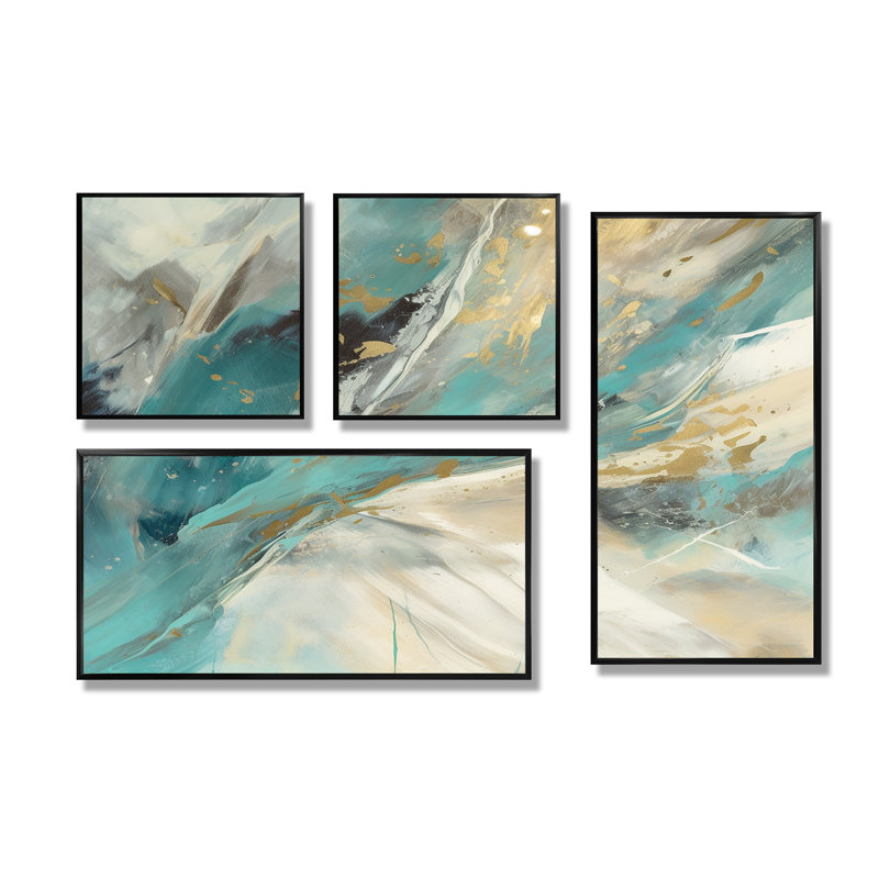 Turquoise Serendipity, peinture abstraite II - art mural moderne turquoise, 4 pièces, Impression encadrée sans passe-partout