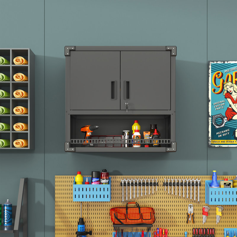 Armoire de rangement murale en métal avec porte verrouillable et 1 tablette 1 tiroir ouvert pour garage, entrepôt, assemblage requis