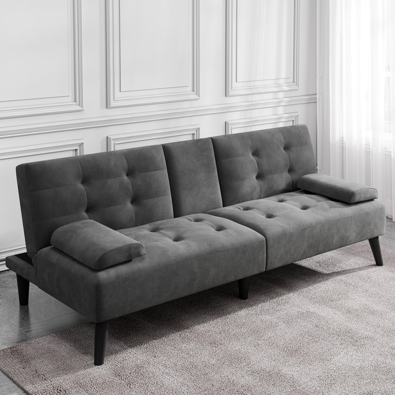 Aldiana 64.2" Convertible Futon Upholstered Sofa Bed, Dark Gray Velvet
