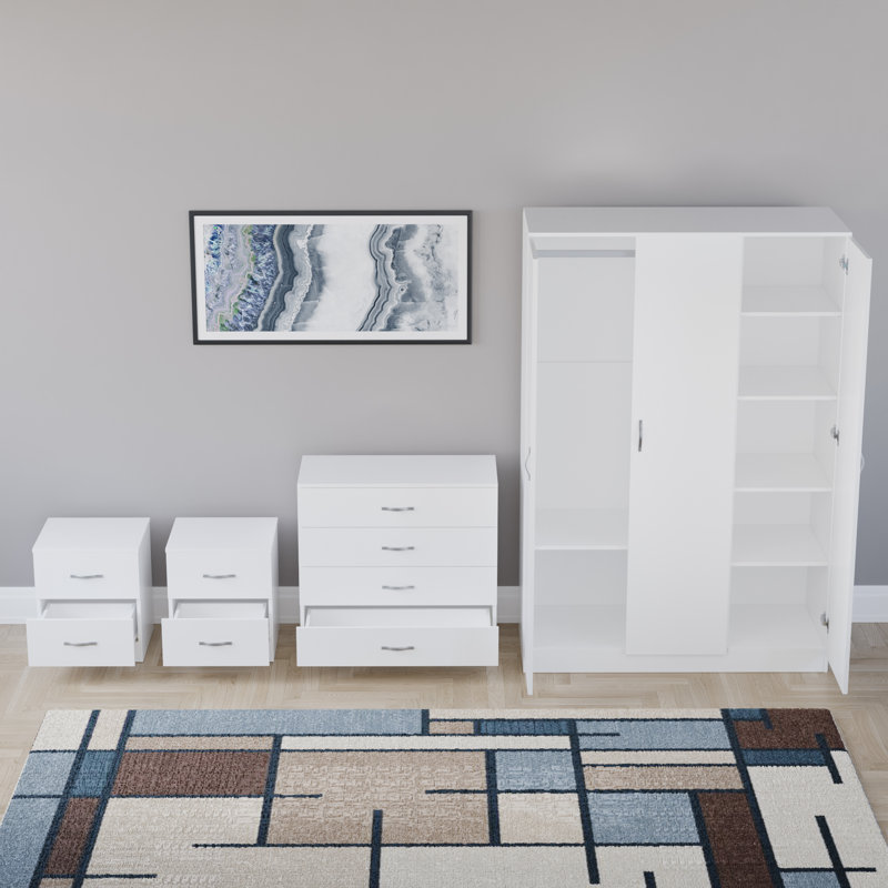 Tayce 4 Piece Bedroom Set (2 Drawer Bedside Chest X2, 4 Drawer Chest, 3 Door Wardrobe), White