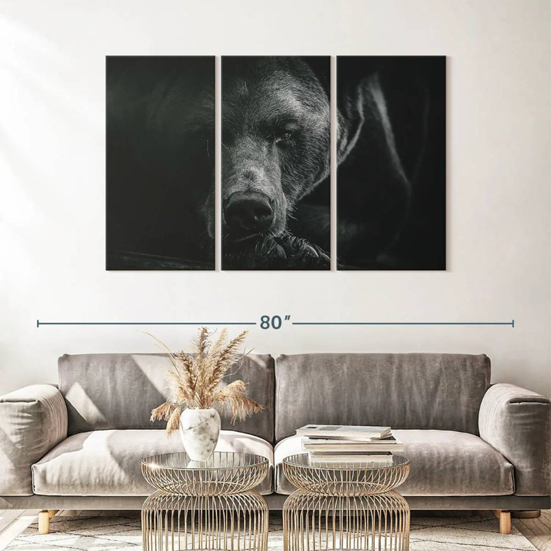Ours brun monochrome sur toile 3 pièces, H 36 po x l 57 po x P 1,25 po
