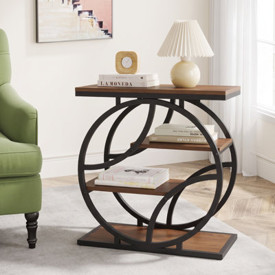 Table d'appoint étroite à 4 niveaux avec étagères de rangement, style industriel, avec structure ronde en métal et plateau en MDF imitation bois. Support à plantes idéal pour le salon, la chambre à coucher ou les petits espaces. Couleur : marron.