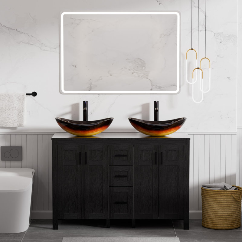 Marcela Freestanding Standard Free Standing Single Double Vanity Bathroom Vanity With Glass Top, Blanc