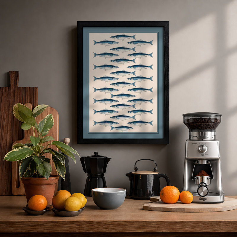 Mackerel Study Japandi - Framed Print, Black, A4 - 29.7 x 21.0 cm