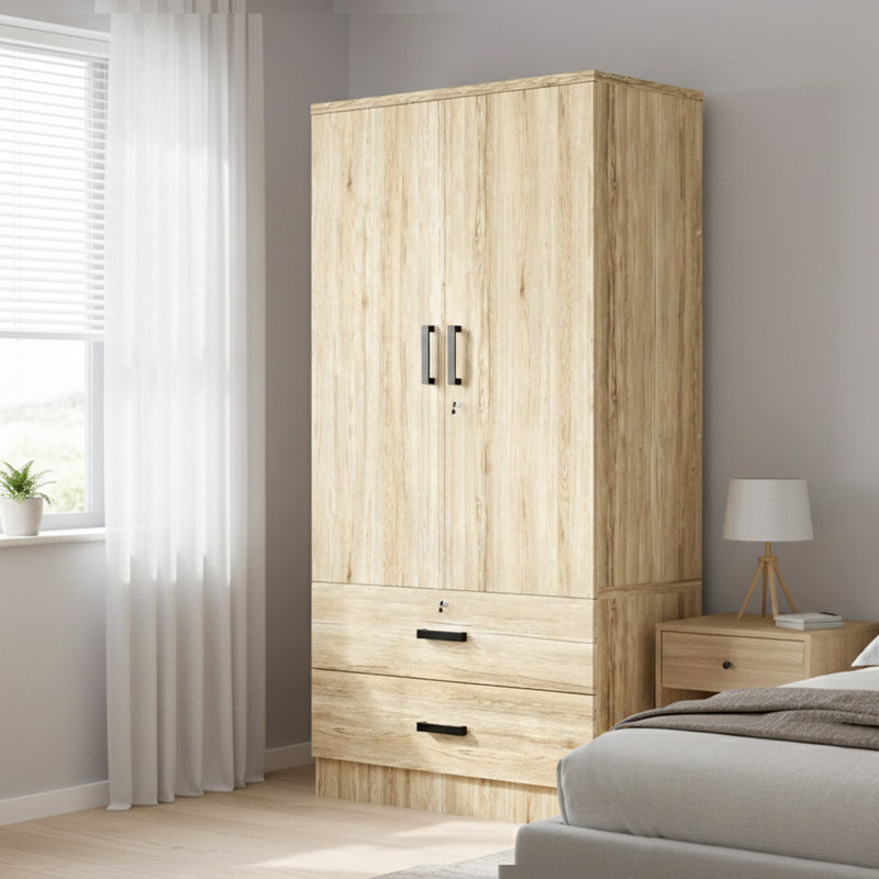 Garde-robe 2 portes, 2 tiroirs Kohdyn, P 20 po, Chêne naturel