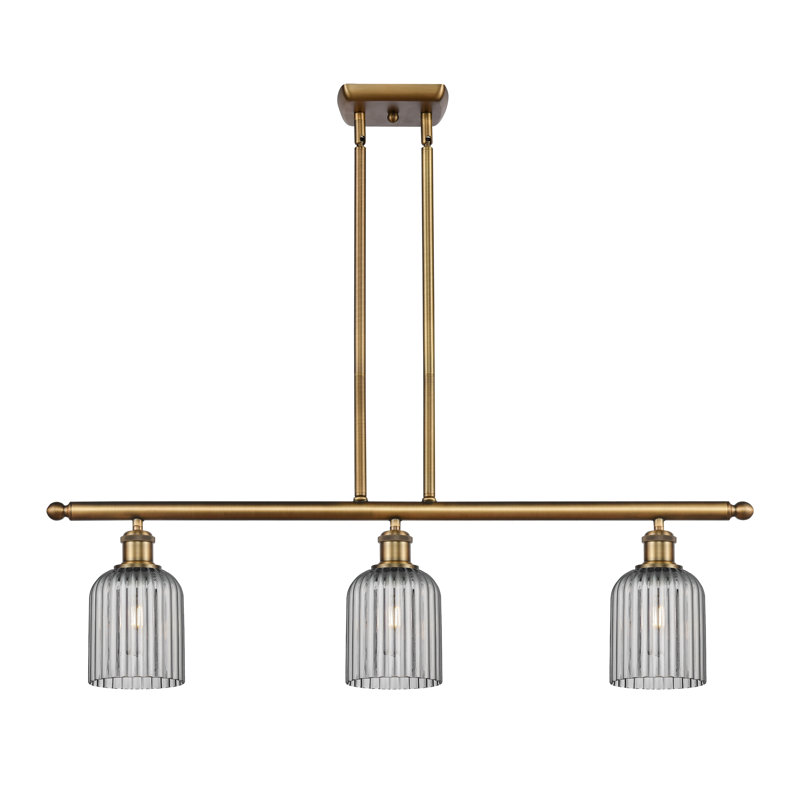 Luminaire suspendu pour îlot de cuisine 3 lumières Fiennes, Laiton brossé, Gris fumée clair