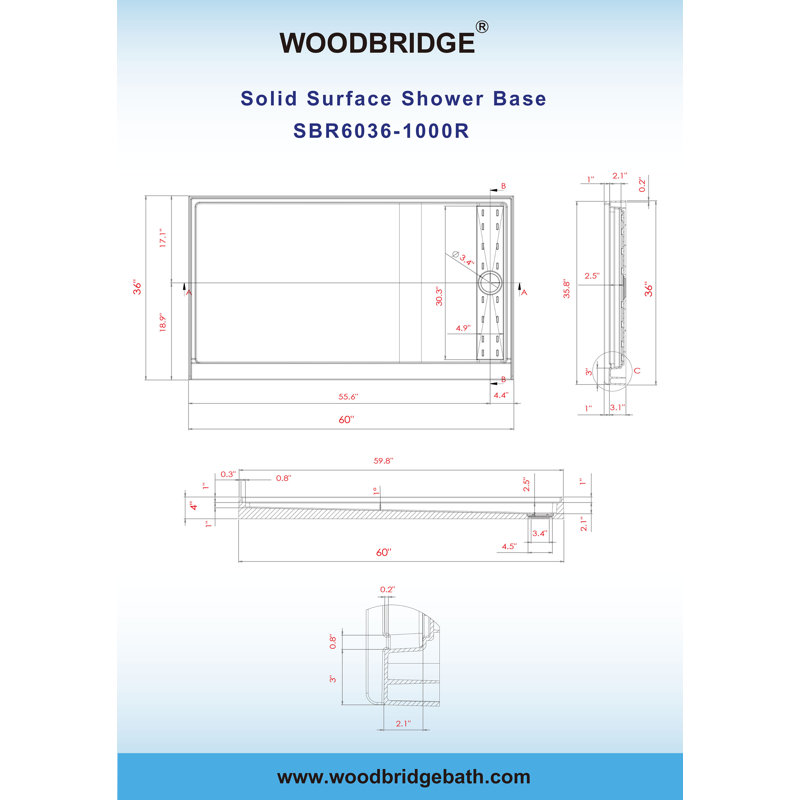 60" x 36" Solid Surface Single Threshold Shower Pan Base with Drain Assembly & Drain Cover Included, Non-Slip, Right