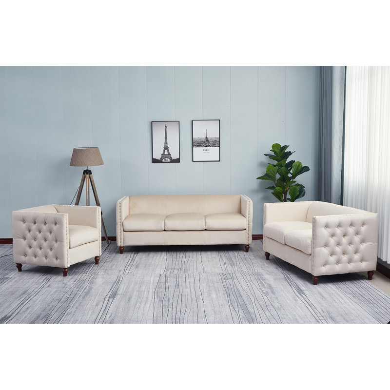 Ensemble de salon en velours 3 pièces Shawn, Velours beige