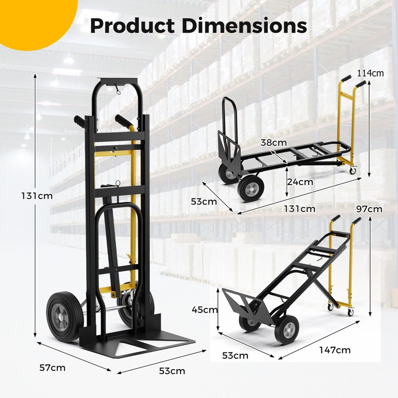 131cm H x 57cm W x 53cm D Convertible Hand Truck 450Kg Heavy-Duty Collapsible Metal Dolly Cart