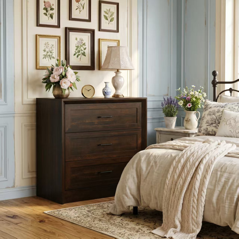 Commode 3 tiroirs avec anti-basculement, finition grain de bois, Brun