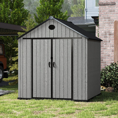 Gray wood-grain pointed-roof plastic tool shed