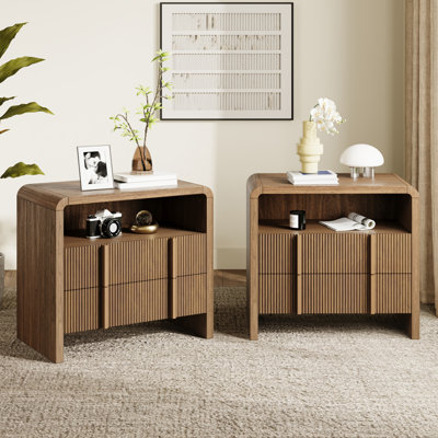 Modern Wood Grain Nightstand with Drawer and Open Shelf Storage