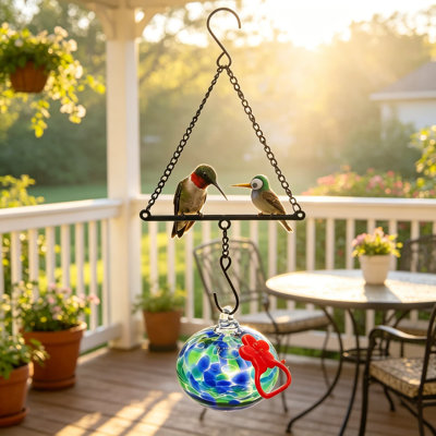 Hummingbird Feeder For Outdoors Hanging, Metal Hummingbird Swing With Hand Blown Glass Feeder, Artistic Bird Perch And Garden Decor, Unique Gardening Gifts For Bird Lovers
