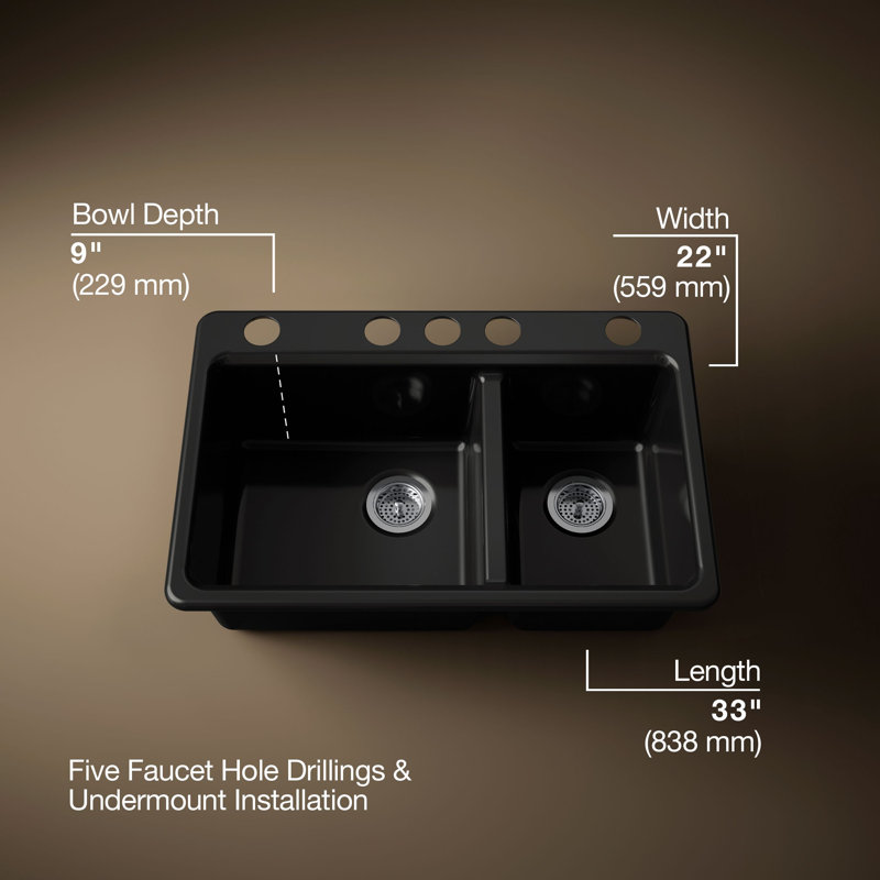 Riverby® 33" x 22" x 9.625" Under-Mount Double-Equal Kitchen Sink with Accessories and 5 Oversized Faucet Holes, Black