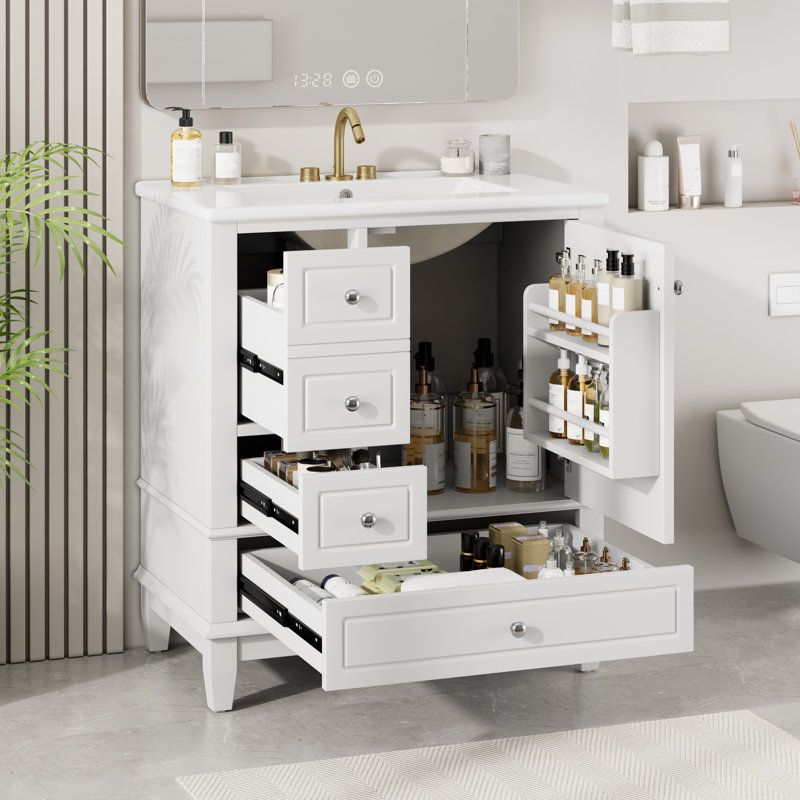 Aurelia 30" Contemporary Bathroom Vanity With Ceramic Sink And Soft-Close Storage, White/Silver
