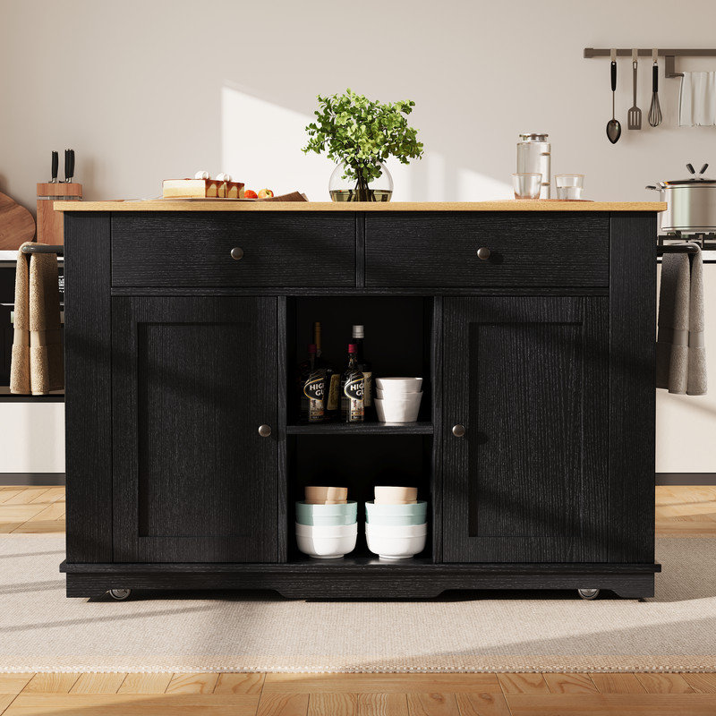 Wood Grain Foldable Kitchen Island Cart with Power Outlet, Rolling Serving Buffet Cabinet with Drawers & Compartments, Black