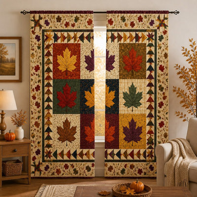 2Pcs Autumn Leaf Quilted Curtains, Farmhouse Fall Floral Patchwork Modern Vintage Window Treatments For Living Room Bedroom Kitchen Rod Pocket Drapes