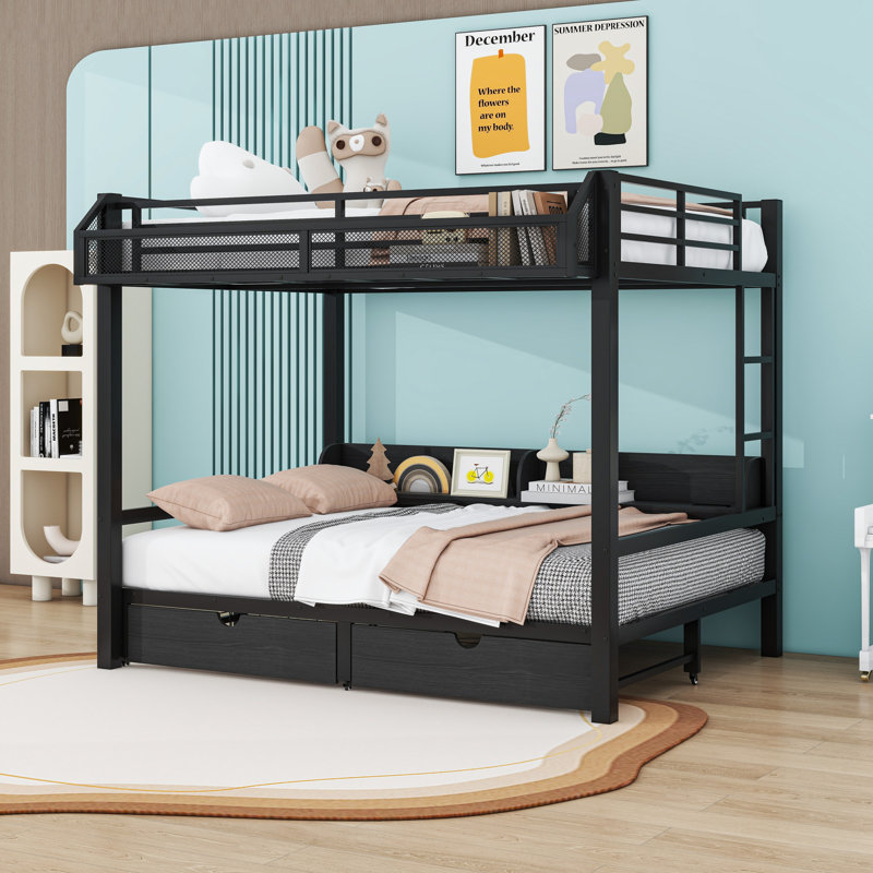 Metal Bunk Bed With LED Light Strip, Charge Station, 2 Drawers And Storage Shelves, Black, Queen