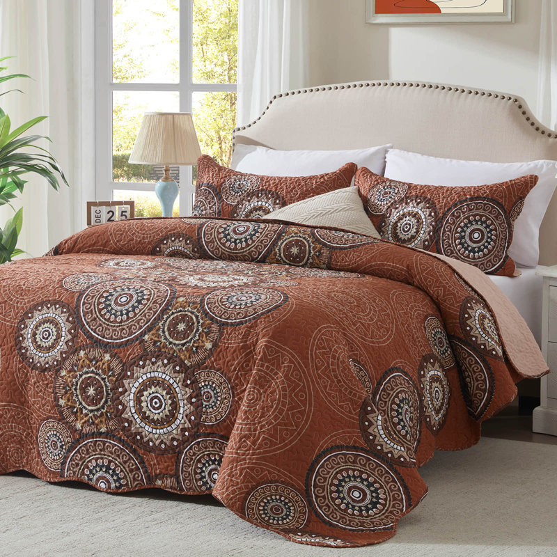 3-Piece Quilt Set - Lightweight Microfiber Bedspread & 2 Pillow Shams, Mandala Boho Pattern, Oversized 98x106 Inches, All-Season Bed Cover
