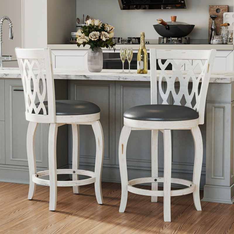 Swivel Upholstered Stool with Solid Wood Frame, White, Counter Stool (24" Seat Height)