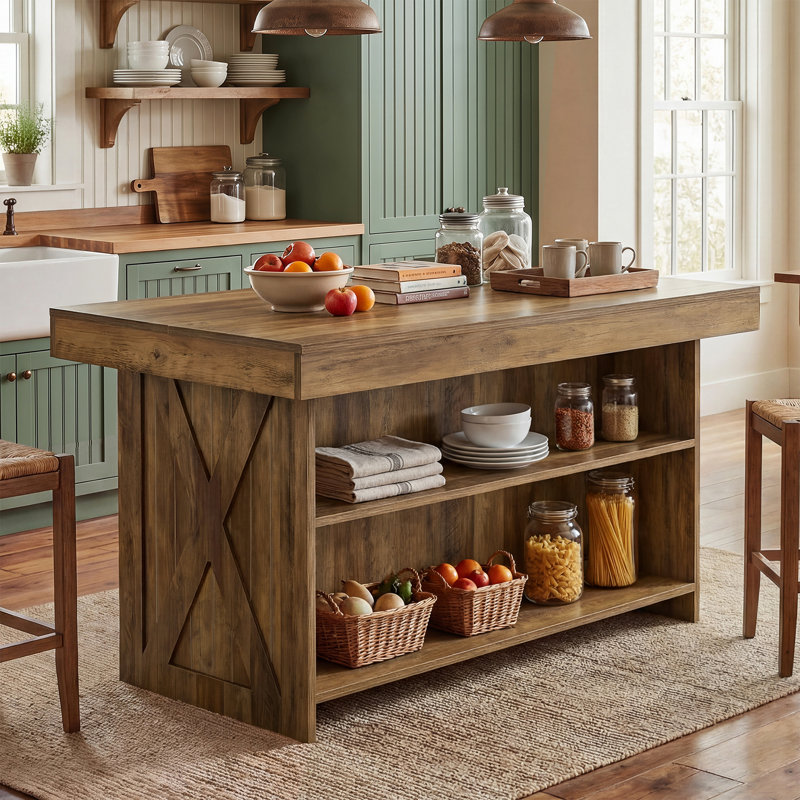 55-Inch Kitchen Island with Storage Shelves, Farmhouse Island Table Home Bar Table for Kitchen, Dining Room