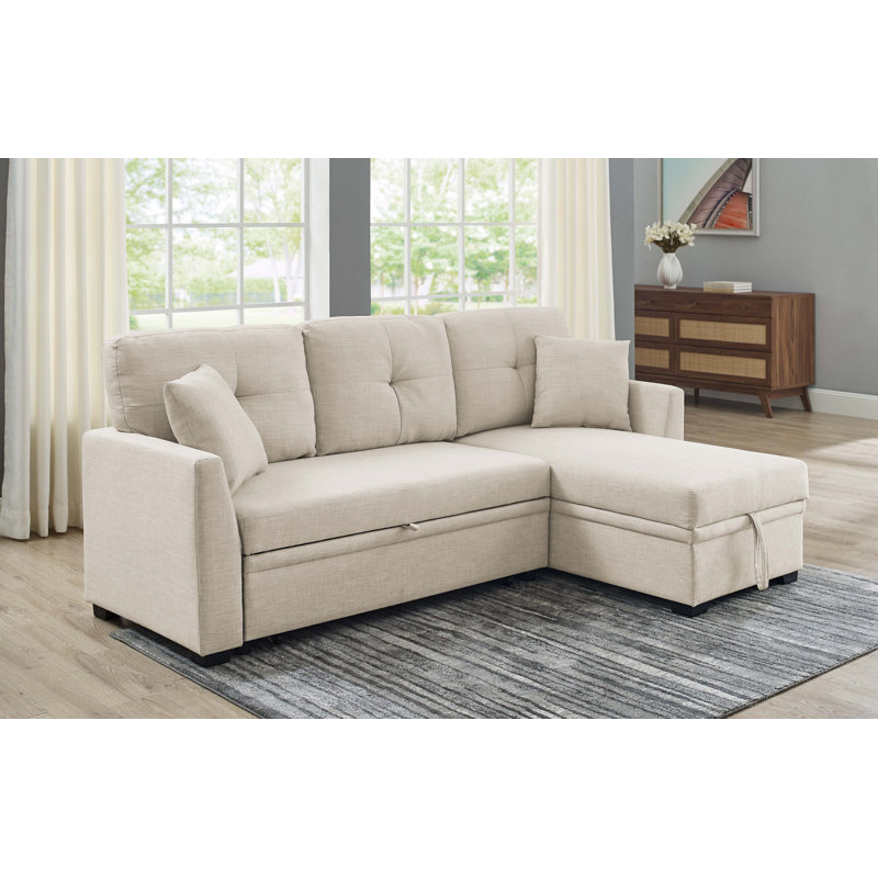 76.5" Linen Blend Upholstered Sectional Sofa With Pull-Out Bed, Reversible Storage Chaise & Tufted Design - Easy Assembly