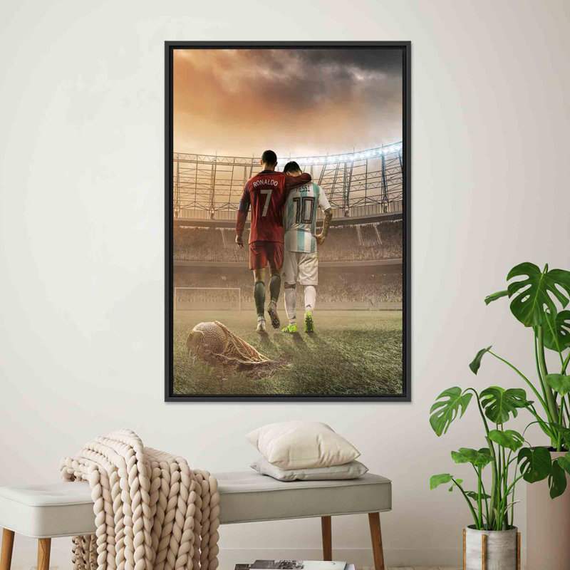 Art moderne de football moderne: toile imprimée Messi et Ronaldo, toiles à cadre noir 1P