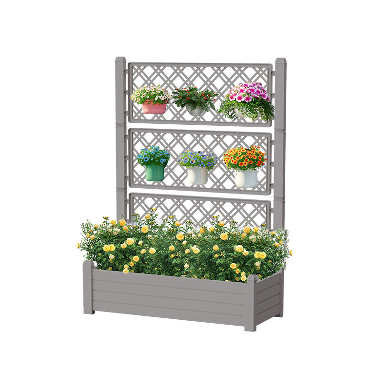 59" Tall Raised Garden Bed,Outdoor Large Resin Planter Box With Trellis And Drain Plug For Climbing Plants, Gray