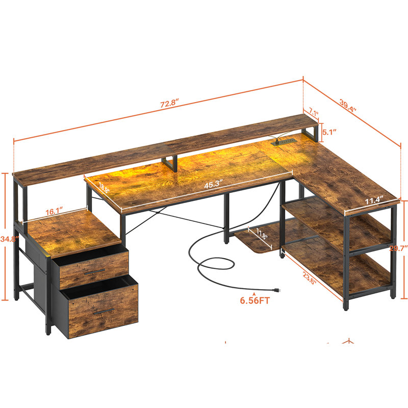 Bureau d'écriture en L Kaedence, bureau de jeu à DEL, bureau avec prises de courant, Brun / noir, H 30 po x l 72 po x P 11 po